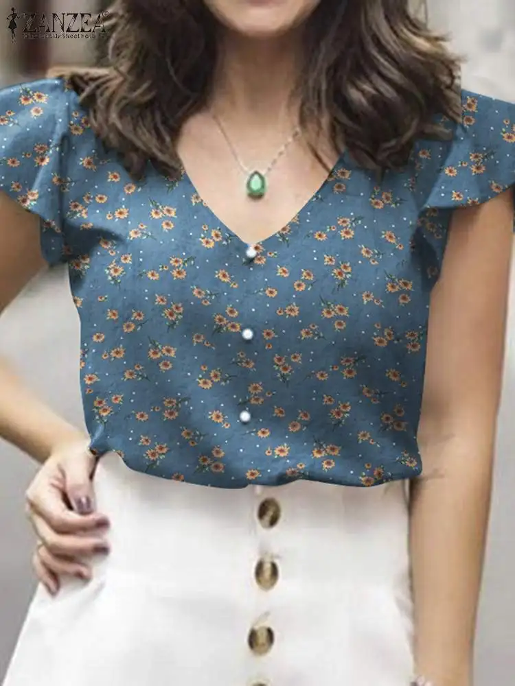 

ZANZEA Summer Bohemian Tunic Tops Women Short Sleeve Floral Printed Blouse Holiday Work Shirt Elegant V Neck Blusas Chemise 2024