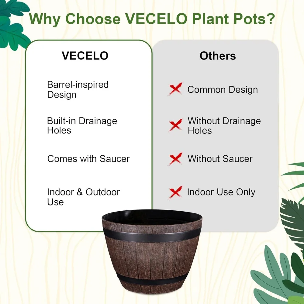 Plant Pots with Drainage Holes & Saucer, 9/11.3/13 Inch Flower Pots with Tray,3 Pack Plastic Whiskey Barrel Planters for Indoor 6