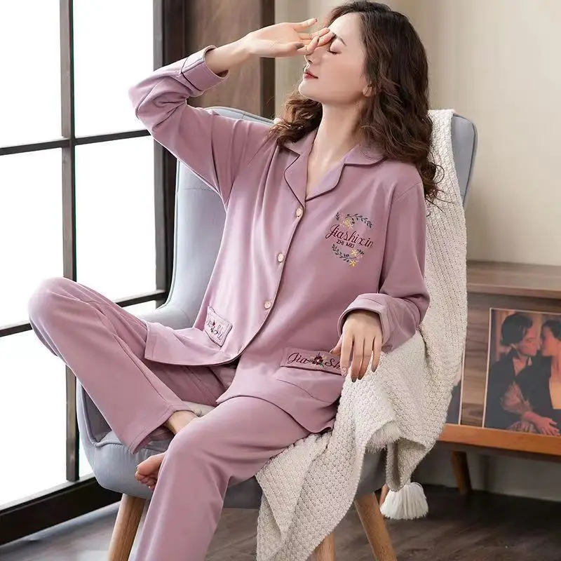 Sleepwear Women Spring Autumn Cotton Pajama Sets Long Sleeve Cardigan Pants Pyjamas Korean Lapel Print High-end Loungewear Suit