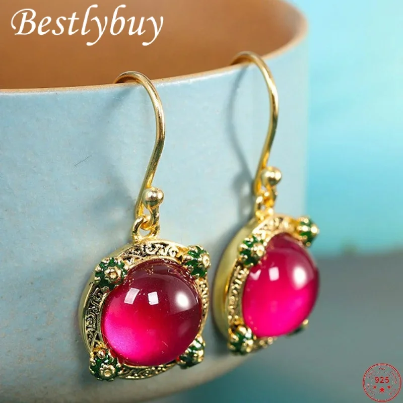 

S925 Sterling Silver Earrings 2022 New Fashion Red Corundum Enamel Palace Style Jewelry Pure Argentum Ear Drop for Women