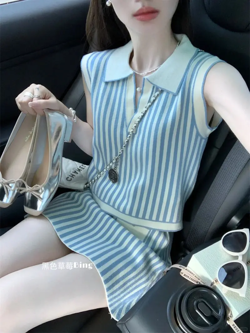 Korea Suit Women'S Summer Blue And White Striped Knitted Sleeveless Vest High Waisted Mini Skirt Two-Piece Set 2024 New