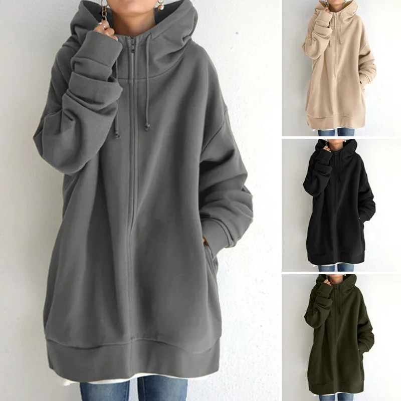 

2023 Autumn Winter Women Warm Zipper Long Hoodies Harajuku Casual Long Sleeve Hooded Coat Sweatshirts Female Elegant Pullovers