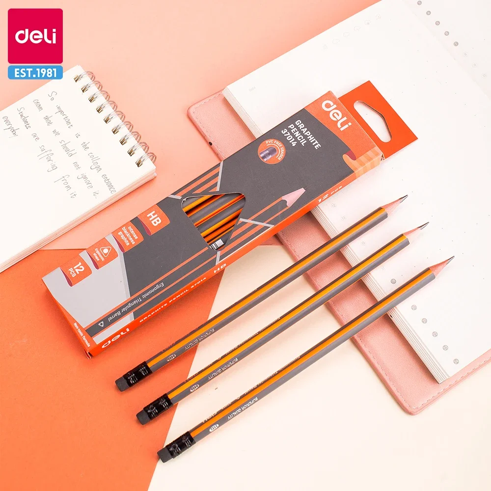 Deli 12pcs/lot Wooden Pencil HB Writing Drawing Sketch Examination Pencil Stationery Art School Supplies Material Escola