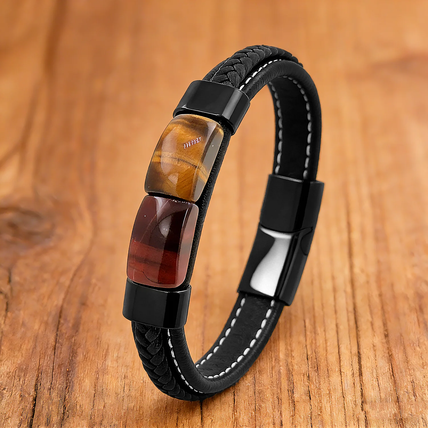 Natürliches Tigerauge-Stein-Armband aus gewebtem Leder für Männer und Frauen, schwarzes Metall, 2026, trendiger Mode-Luxusschmuck – Detail 6
