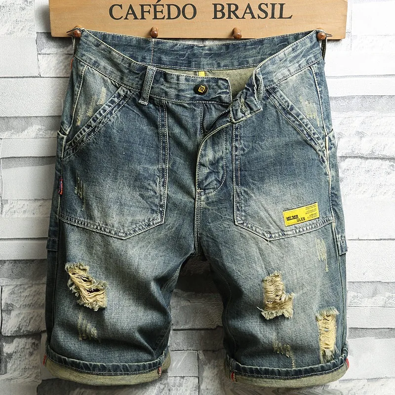 Fashion Shorts Ripped Jeans Men Summer Streetwear Casual Retro Blue Regular Straight Knee Length Denim Pants