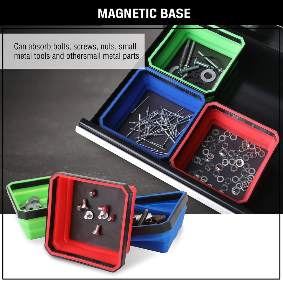 4-Pack Collapsible Magnetic Parts Trays - Foldable 4.5" Square Silicone Bowls For Tools & Hardware