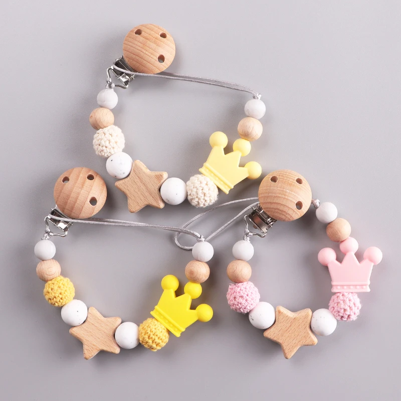 Baby Pacifier Chain Beech Wood Clips Pentagram Teether Silicone Crown Round Beads Teething Chain For Care Soother Chew Toys