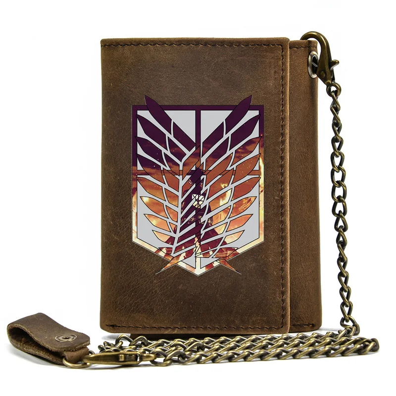 

Genuine Leather Men Wallet Anti Theft Hasp With Iron Chain Attack on Titan Survey Corps Cover Card Holder Rfid Short Purse