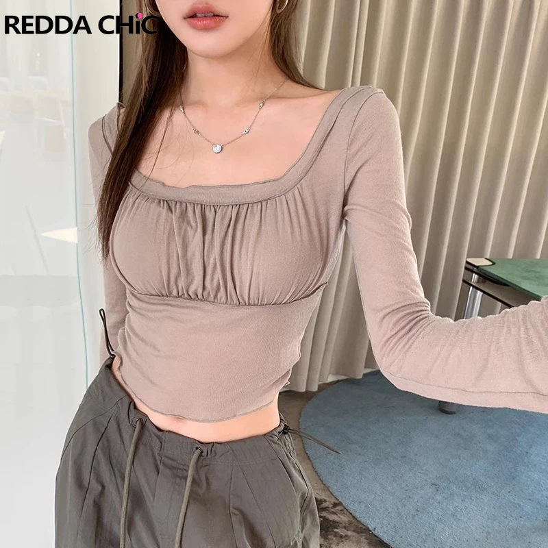 

ReddaChic Frill Ruched Bust Crop Top for Women Solid Khaki Slim Fit Casual Long Sleeves T-shirt Korean Y2k Shirred Undershirt