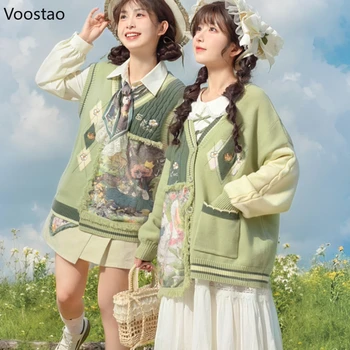 Mori Girl Style Sweet Knitted Cardigan Women Kawaii Cartoon Oil Painting Print Sweater Coat Harajuku Cute Knitwear Pullover Tops 1