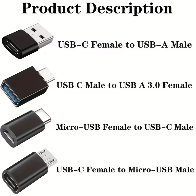 (4개입) 블랙 USB to USB C 어댑터, USB 타입 C 암-USB 어댑터, 마이크로 USB to USB C 암-수 컨버터 커넥터, Su