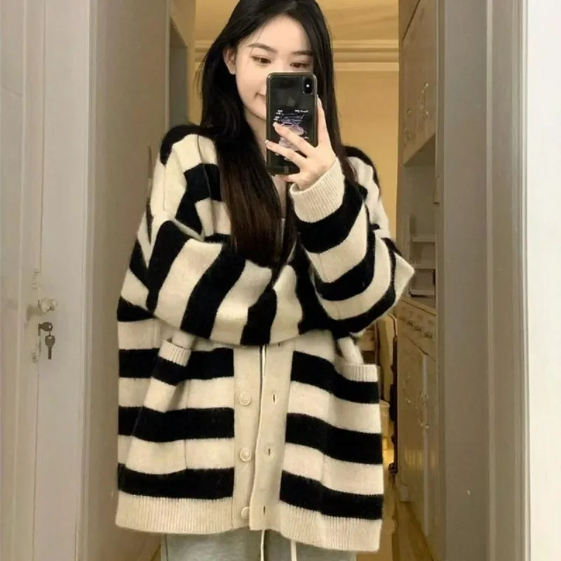 

2023 New Lazy Style Retro Thickened Warm Sweater Cardigan Women Spring Autumn Loose Casual Versatile Hairy Knitted Shirt Coat