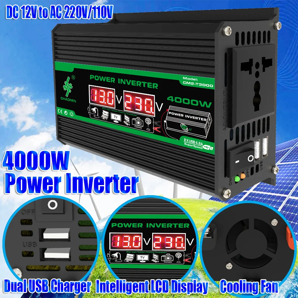 4000W DC 12V ถึง AC 110/220V Dual USB จอแสดงผล LCD อินเวอร์เตอร์พลังงานแสงอาทิตย์แบบพกพาพาวเวอร์แบงค์รถแปลงสำหรับแคมป์ปิ้ง RV ปลั๊กสากล 1