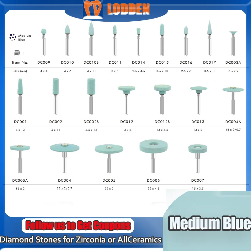 

LODDEN Dental Lab Diamond Stones for Zirconia All-ceramics Ceramic Diamond Grinding Burs Polisher Medium Blue Laboratory Tools