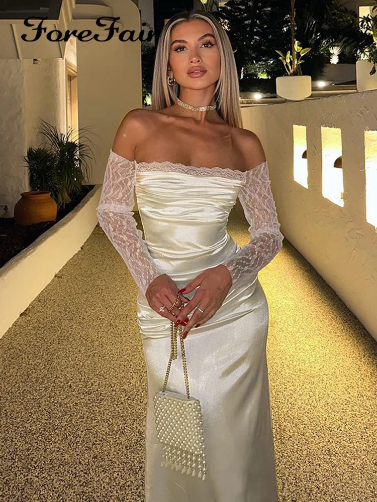 

Forefair Y2K Sexy Club Slash Neck Backless Zipper Patchwork Bodycone Women Lace Sleeve Elegant Midi Evening Party Dress Outfit