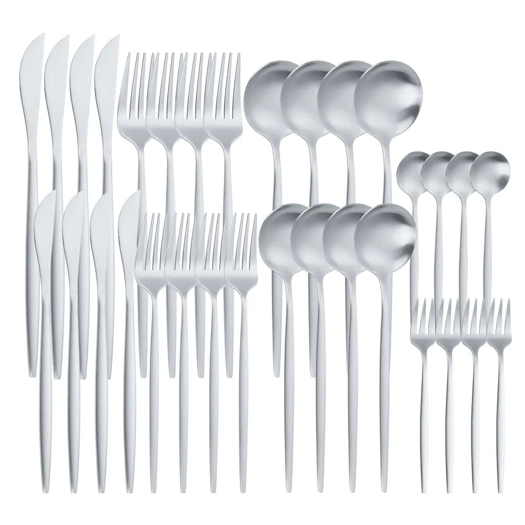 

Silver Stainless Steel Cutlery Set 32pcs Dinner Forks Knives Dessert Spoons Dinnerware Matte Silverware Tableware Flatware Set