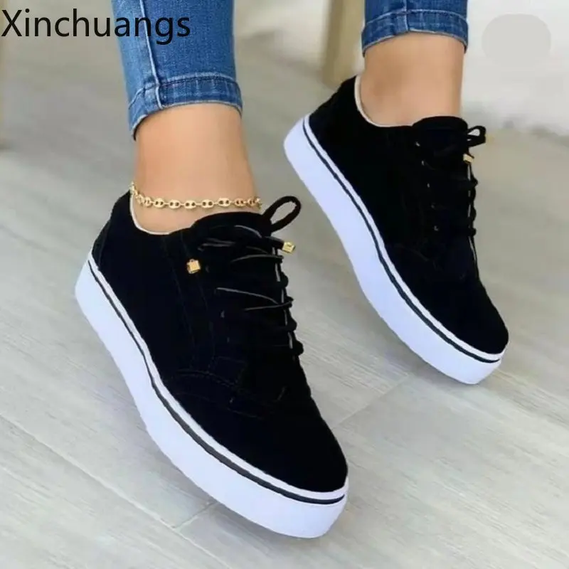 New Women Flat Casual Sneaker Spring Lace Up Sports Solid Color Walking Shoes 3