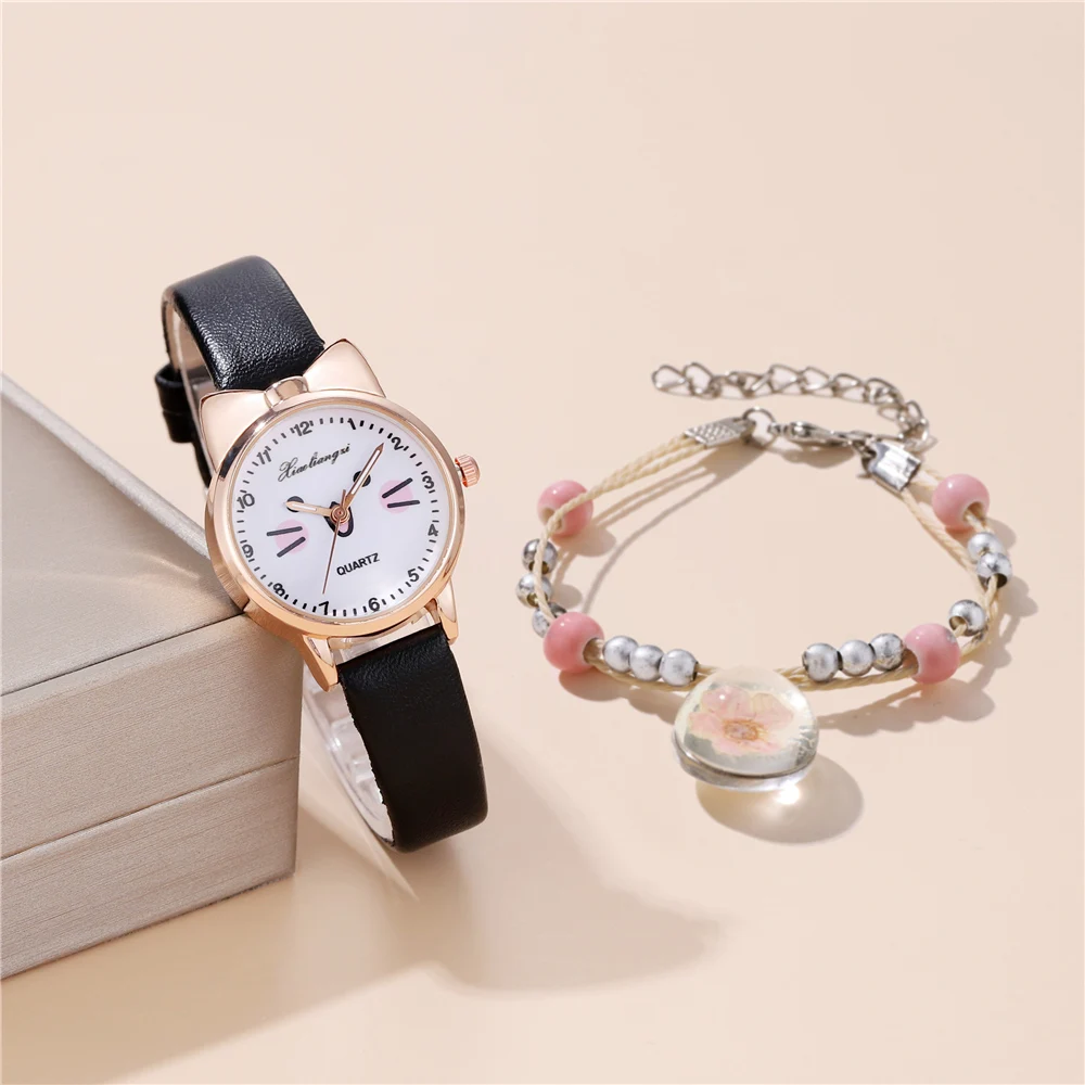 Personalized Cat Pu Leather Children's watch 3 Colors Cartoon Wristwatch For Student Girls Gift With Bracelet 3