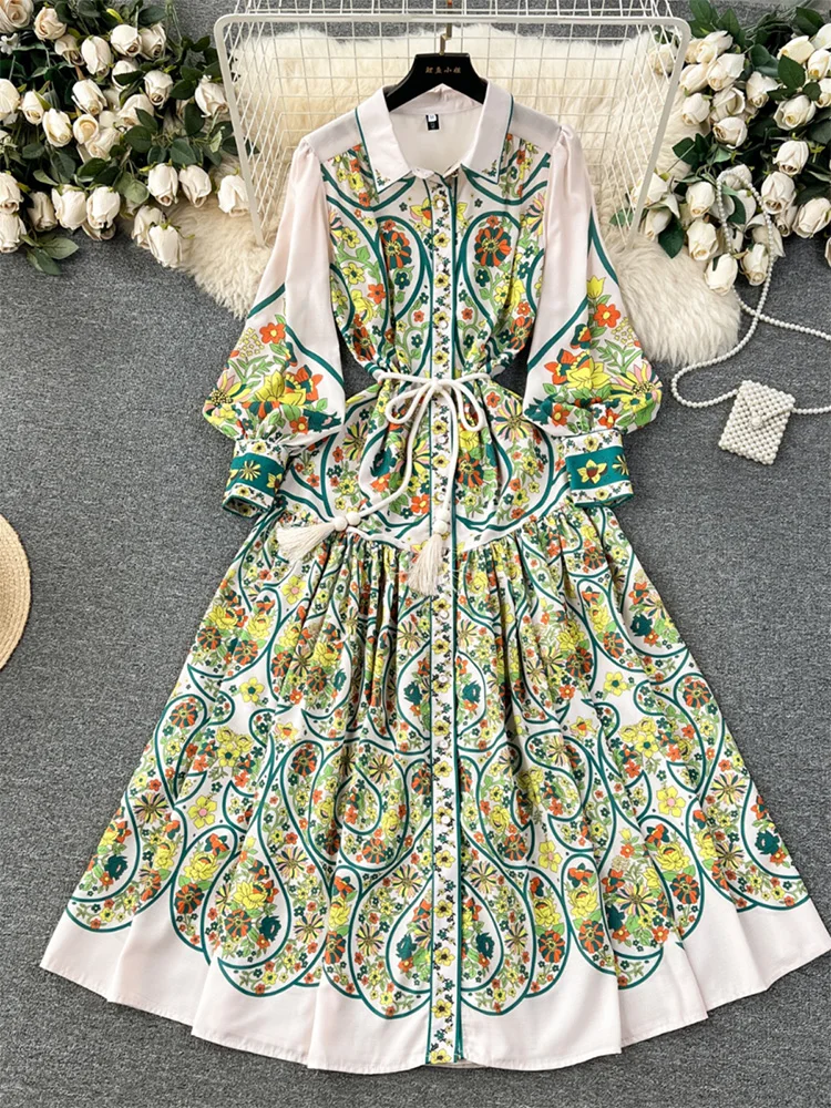 

Holiday Shirt Long Dresses For Women 2024 Elegant Tie Belt Long Sleeve Maxi Dress Bohemian Vintage Paisley Print Boho Dress