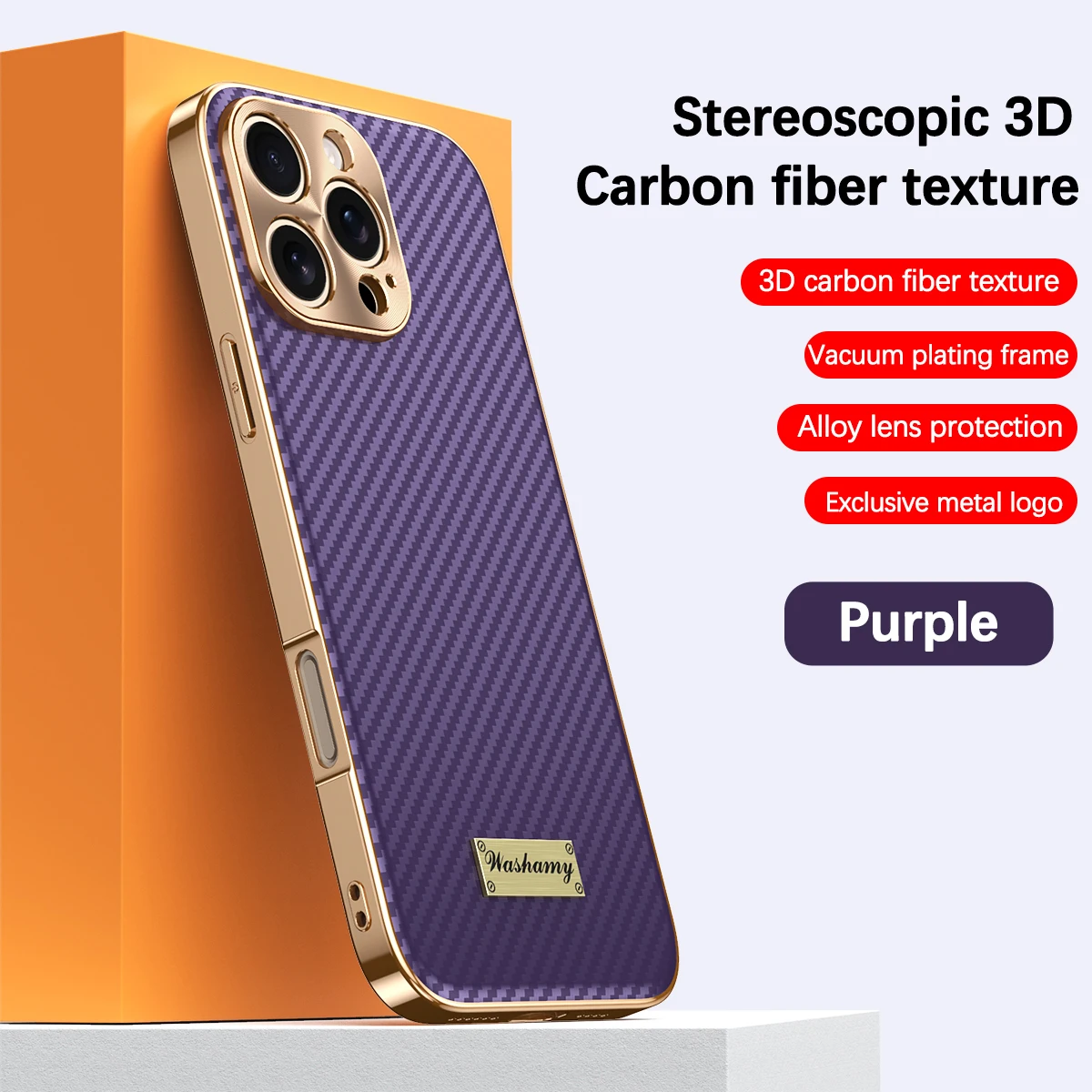 Luxury Plating Leather Carbon Fiber Texture Phone Case with Alloy Lens and Shockproof Design