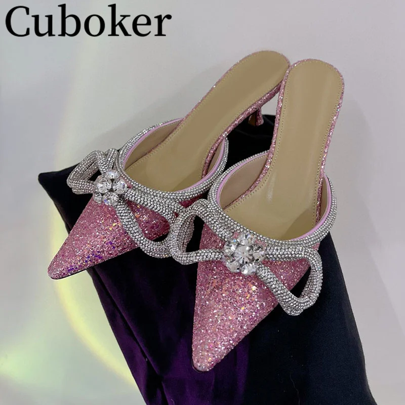 

2024 Summer Banquet Crystals Mules Thin High Heels Bling Pointed toe Slippers Women Mules Ladies Pumps Females Sandals mujer
