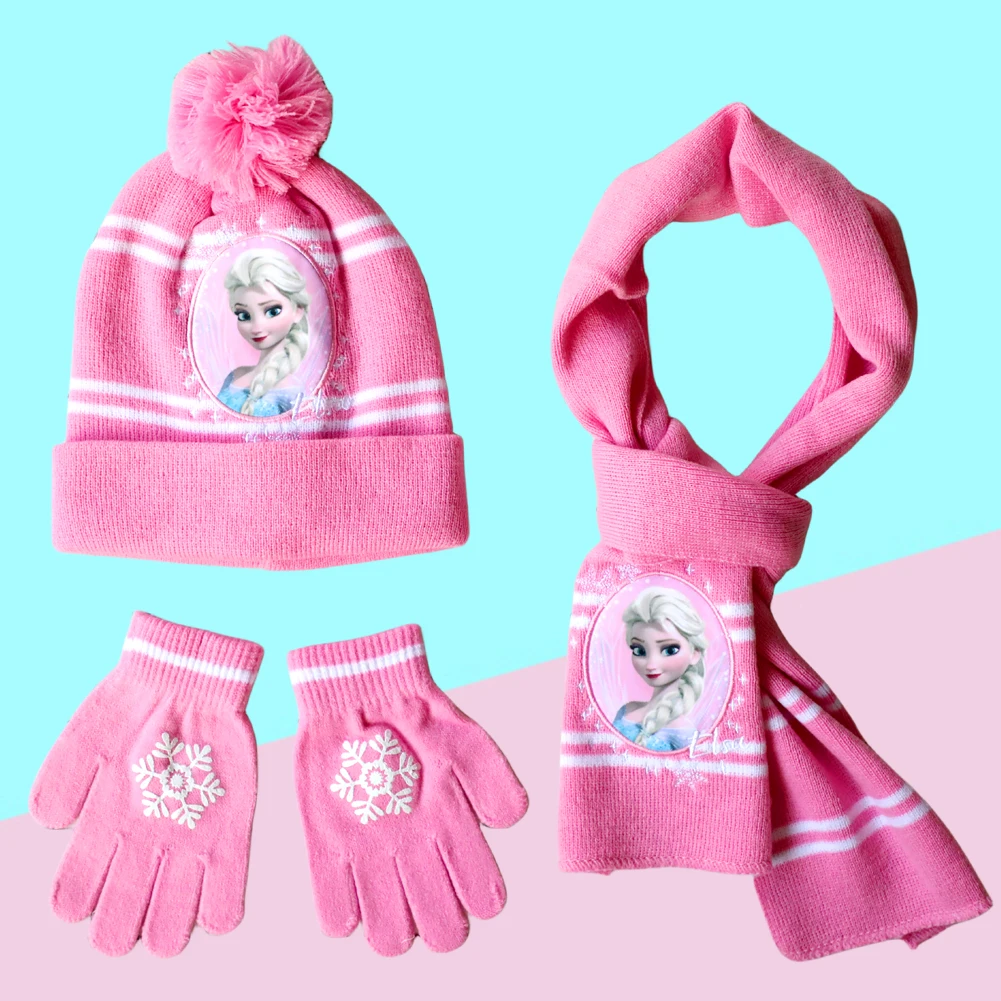 New Autumn Winter Children Hat Elsa Classics Disney Princess Cartoon Cap Scarf Hat Glove Warm knitted hat Girl Christmas Hat 3
