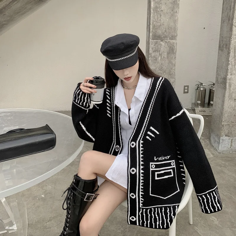 Retro Loose Graffiti Cardigan Knitted Jacket Long V Neck Autumn Winter Knitted Sweaters Tops Solid Casual Pull White Black Coats 5