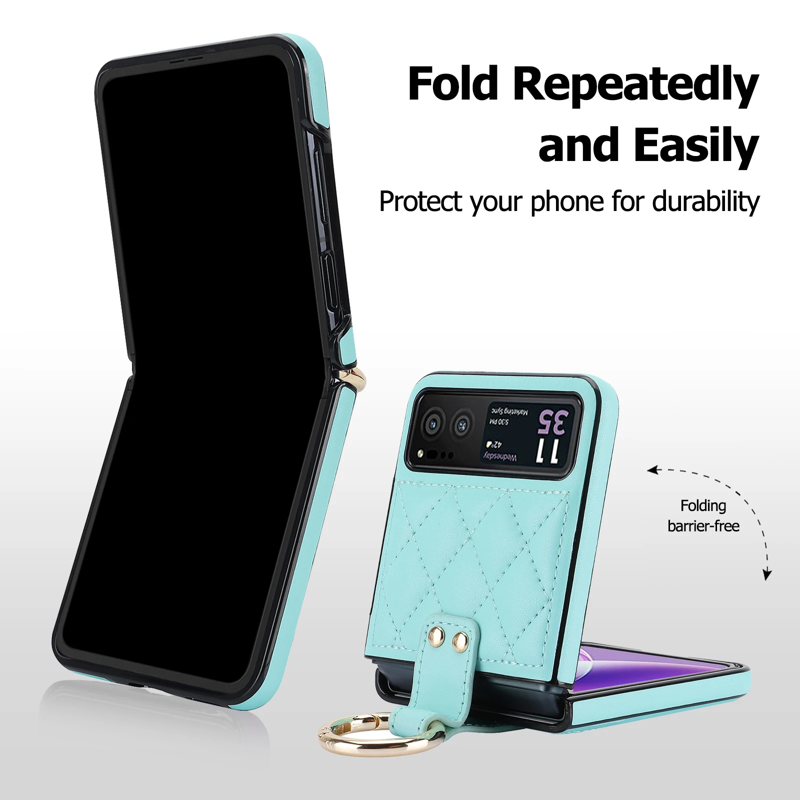 Luxury Fashionable Quilted PU Leather Phone Case with Metal Ring - Fall Prevention Design