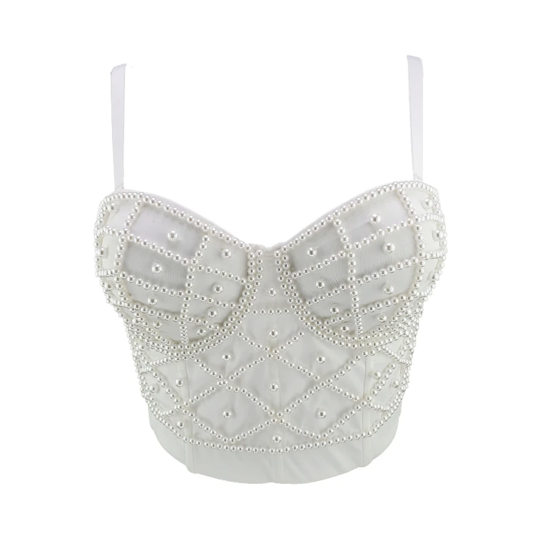 Women Lingerie Bra New Fashion Sleeveless White Pearls Bralet Corselets Women's Party Wedding Bustier Corsets Bra Cropped Tops