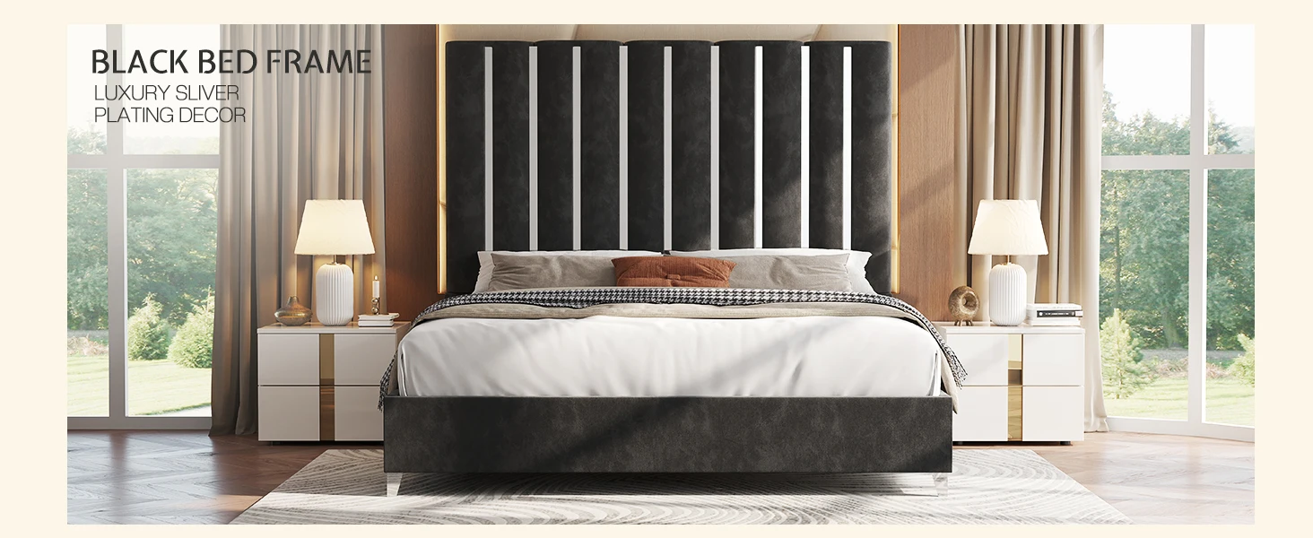 Description Picture 3 of itemKing Bed Frame with 58" Tall Headboard, with Silver Plating Trim, No Box Spring Needed, Velvet Upholstered Bed Frame