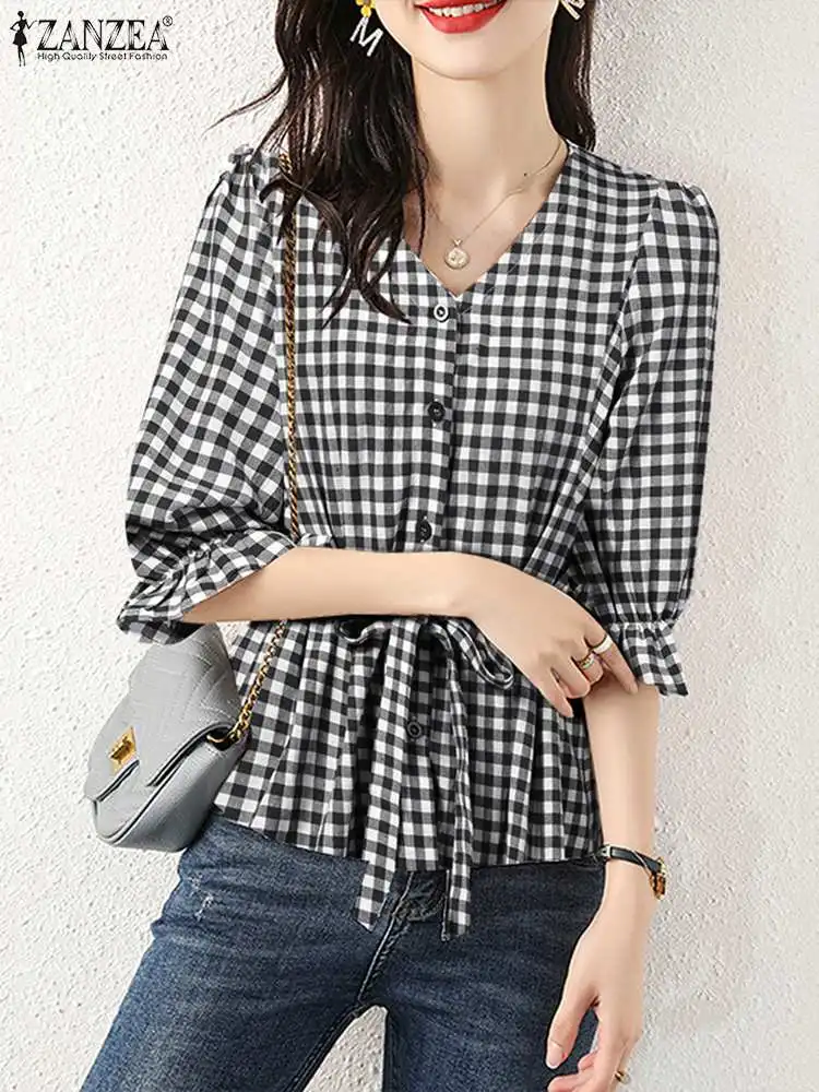 

2023 ZANZEA Casual Plaid Checked Blouse Woman Drawstring Ruffles Tops Female V-Neck Puff Sleeve Shirt Grid Holiday Loose Shirts