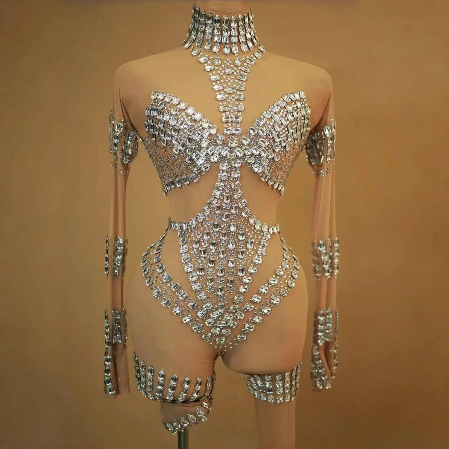 Dance Sexy Shiny Rhinestone Mesh Jumpsuit Stage Performance Costume Women