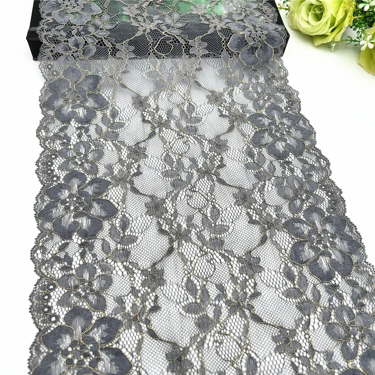 3y/lot Width 24cm Dark Grey Blue With Gold Elastic Stretch Lace Trim Lingerie Sewing Craft DIY Apparel Fabric Lace Garment Acce 6