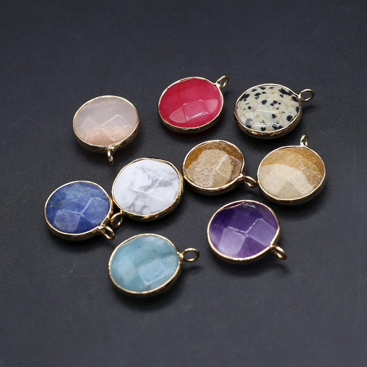 

12PCS Natural Semiprecious Stone Random Color Round Gold Pendant Jewelry Making DIY Necklace Accessories Charm Gift