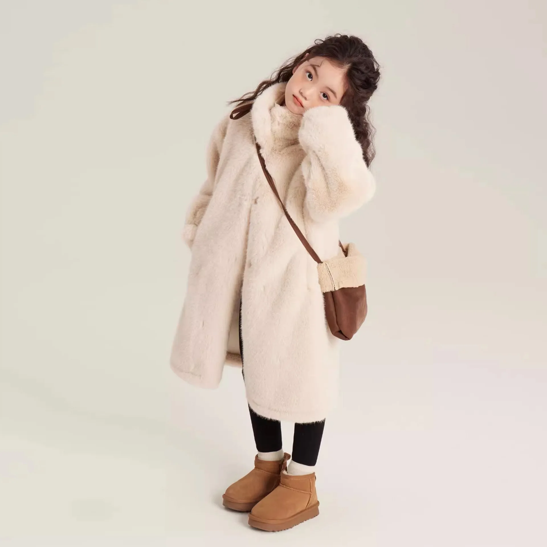 Winter Warm Girls Plain Beige Long Single-Breasted Faux Fur Coats