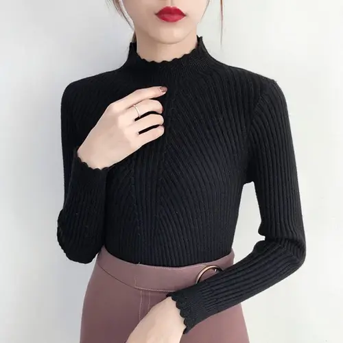 Black White Yellow Pink Flower Turtleneck Sweater Women Chic Tops Girl Knitt Pullovers Long Sleeve Jumper Pull Femme Clothing - Image 5
