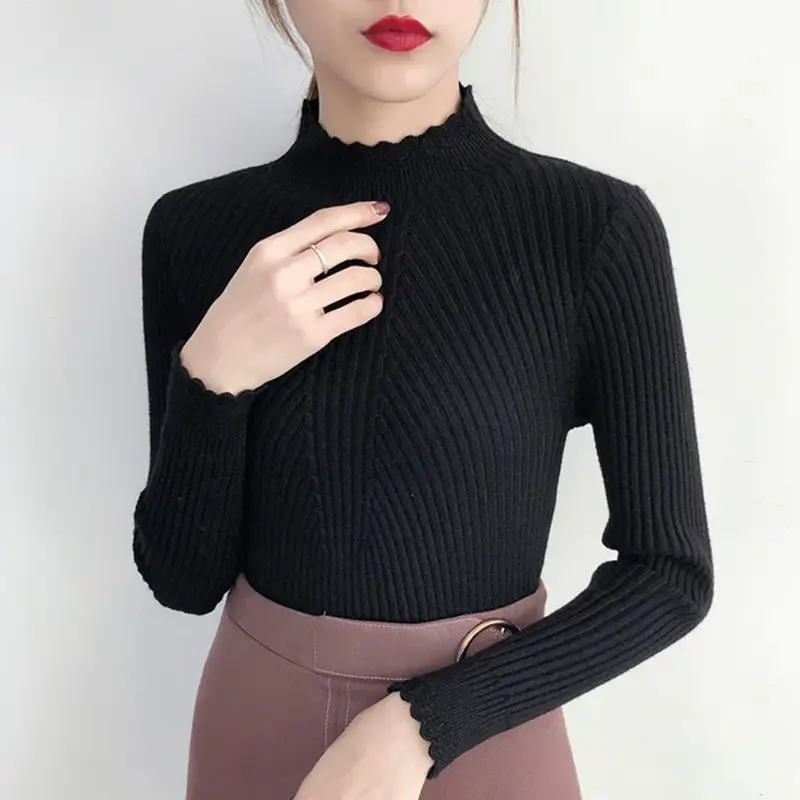 Black White Yellow Pink Flower Turtleneck Sweater Women Chic Tops Girl Knitt Pullovers Long Sleeve Jumper Pull Femme Clothing - Image 5