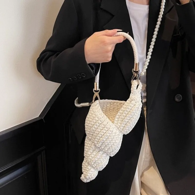 Creative Conch Shaped Crochet Women Shoulder Bags Funny Cute Pearls Chain Shell Crossbody Bag Handmade Novelty Small Purses