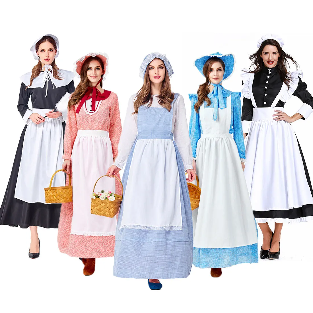 

Adult Colonial Pioneer Girl Costume Women Village Farm Prairie Maiden Maid Costumes Halloween Party Fancy Dress