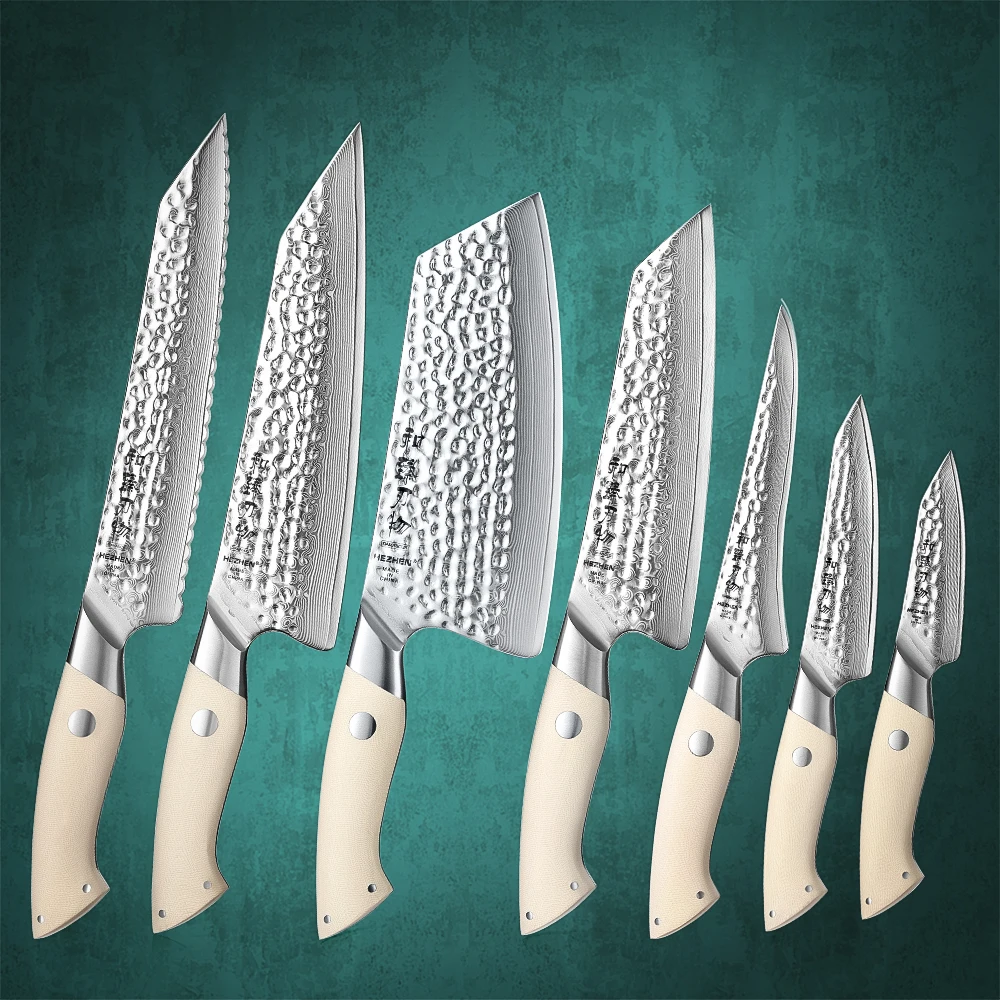 HEZHEN7PCKnifeSetElegantSeries67LayersDamascusSteelG10Handle
