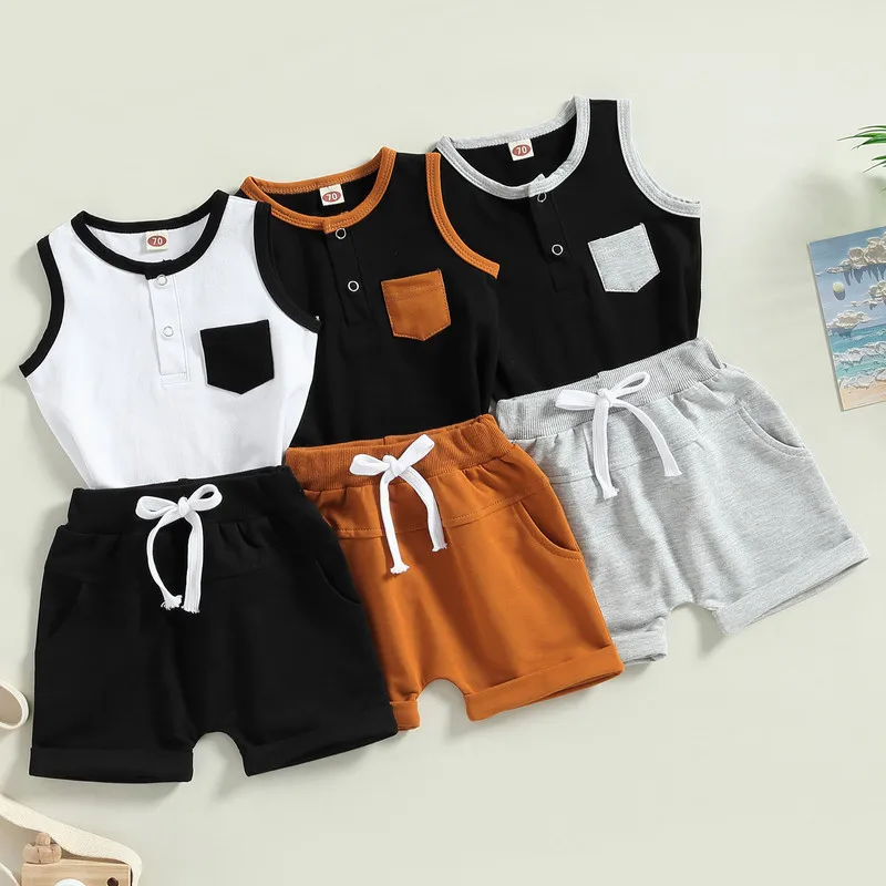 Toddler Boy Short Sets Summer Clothes 2023 Stripe Sleeveless Pocket