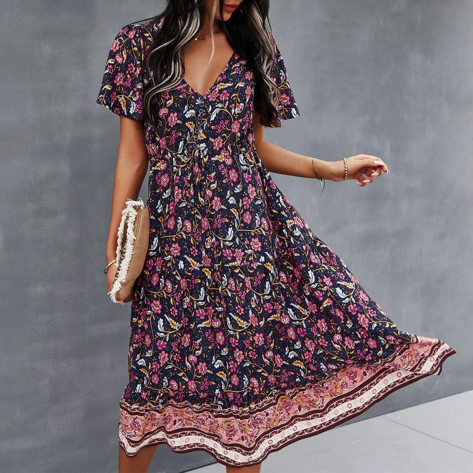 

Women Floral Fashion Style Temperamental Dress Casual Loose Rhombic Beach Dress Graduation Casual Prom Evening Bride