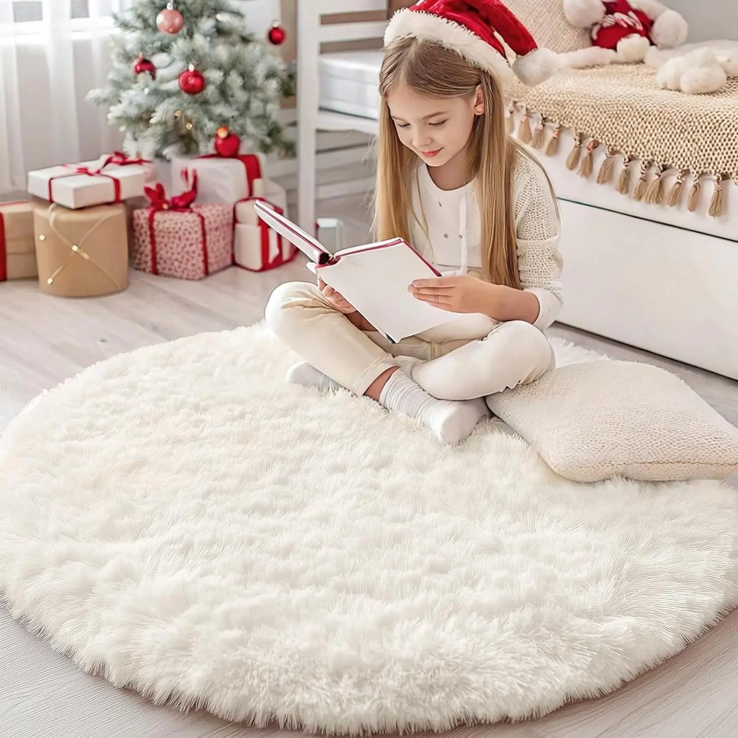 Runder Cremeweißer Teppich Weicher Flauschiger Kreisteppich Plüschiger Shaggy-Teppich für Schlafzimmer Wohnzimmer Kinderzimmer Kinderzimmer Heimdekoration – Detail 2