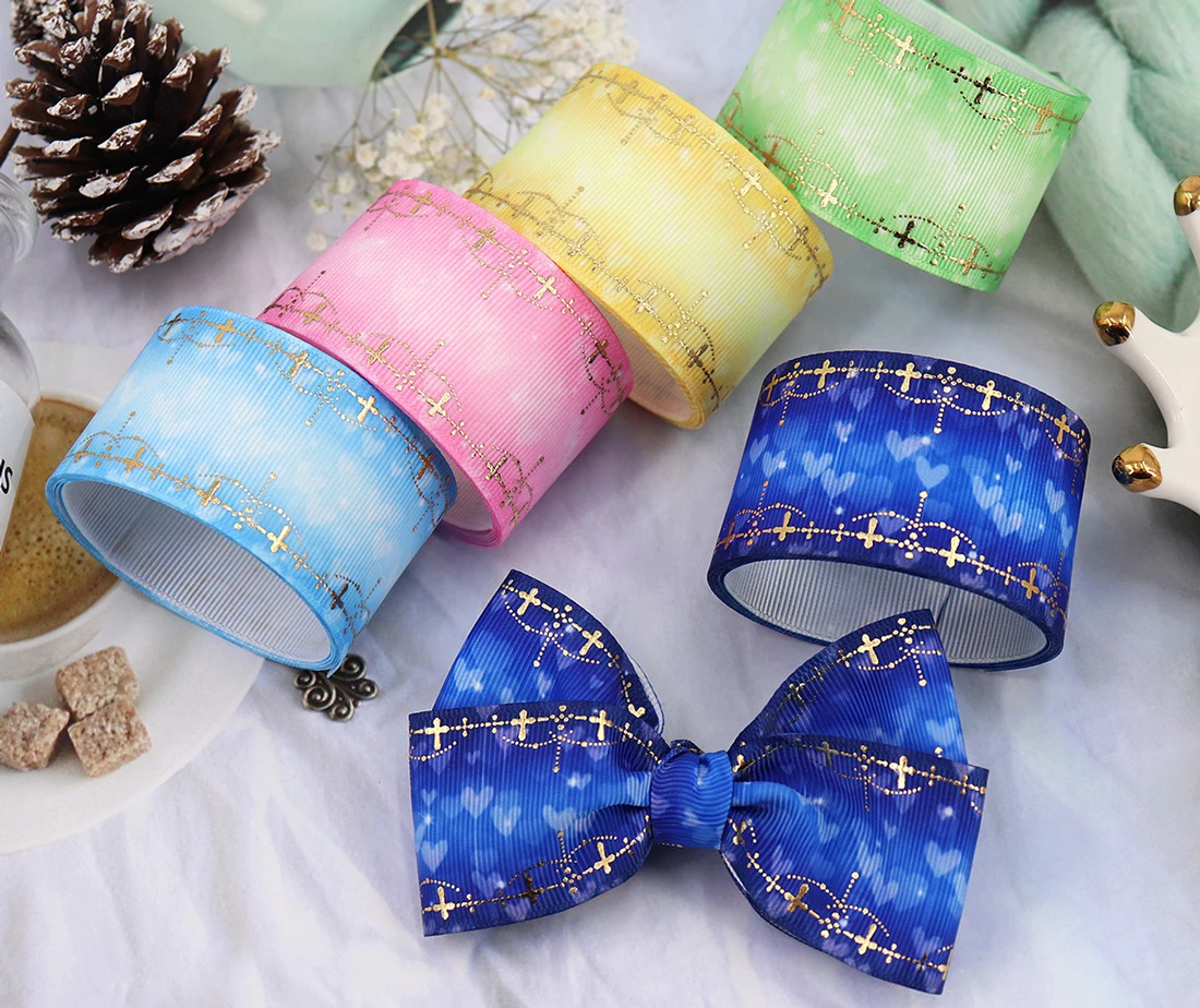 5 Yards/Roll 38mm Gold Foil Gradient Printed Ribbon for DIY Bow Hair