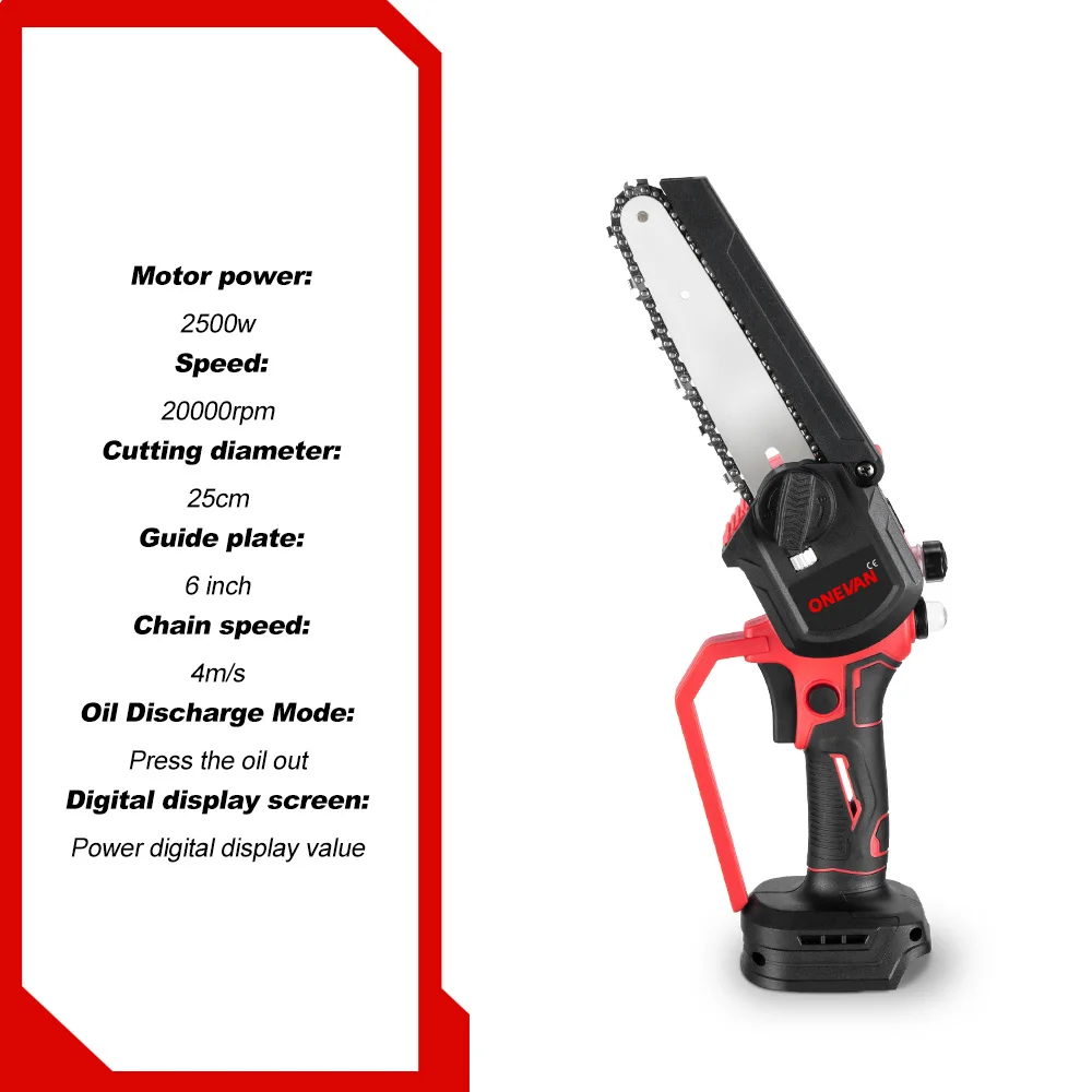 6 Inch Mini Electric Saw 2500W Electric Portable Chainsaw Garden Pruning Trimming Cutting Tool for 21V 18V Battery ONEVAN