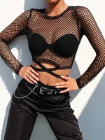 Sexy nouveau maille Goth à manches longues t-shirt femmes creux transparent résille hauts été chemise décontractée Streetwear vêtements pour femmes 2