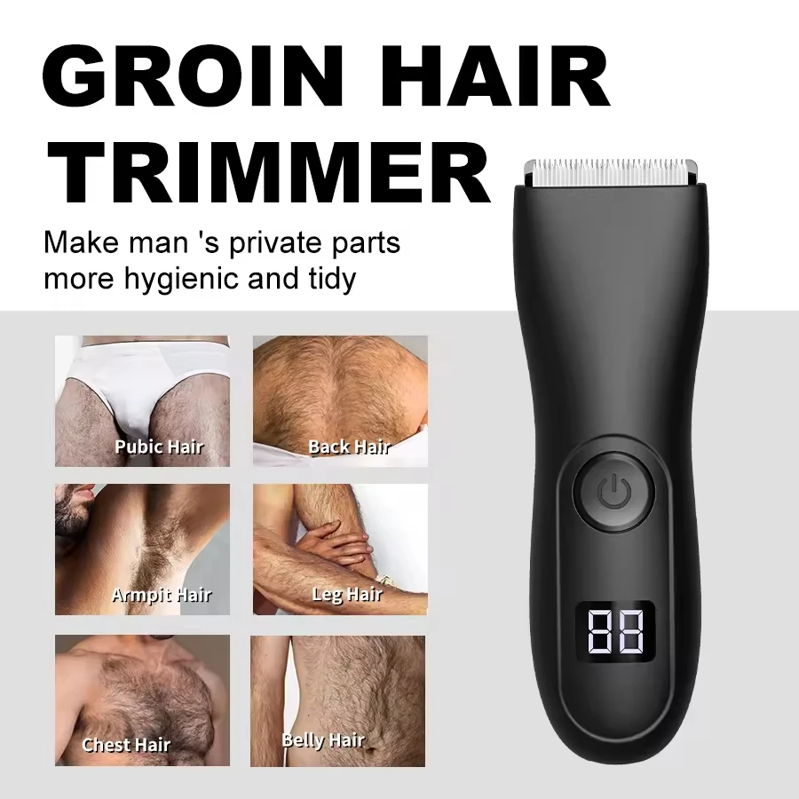 Men's Electric Body Hair Trimmer Rechargeable Cordless Body Groomer Waterproof Hair Clipper with LCD Display Remover Home