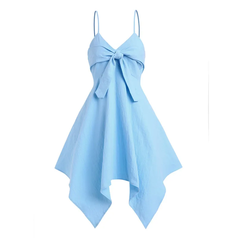 

Женское модное летнее платье пастельного цвета без рукавов с узлом на тонких бретельках, асимметричное платье средней длины, новинка