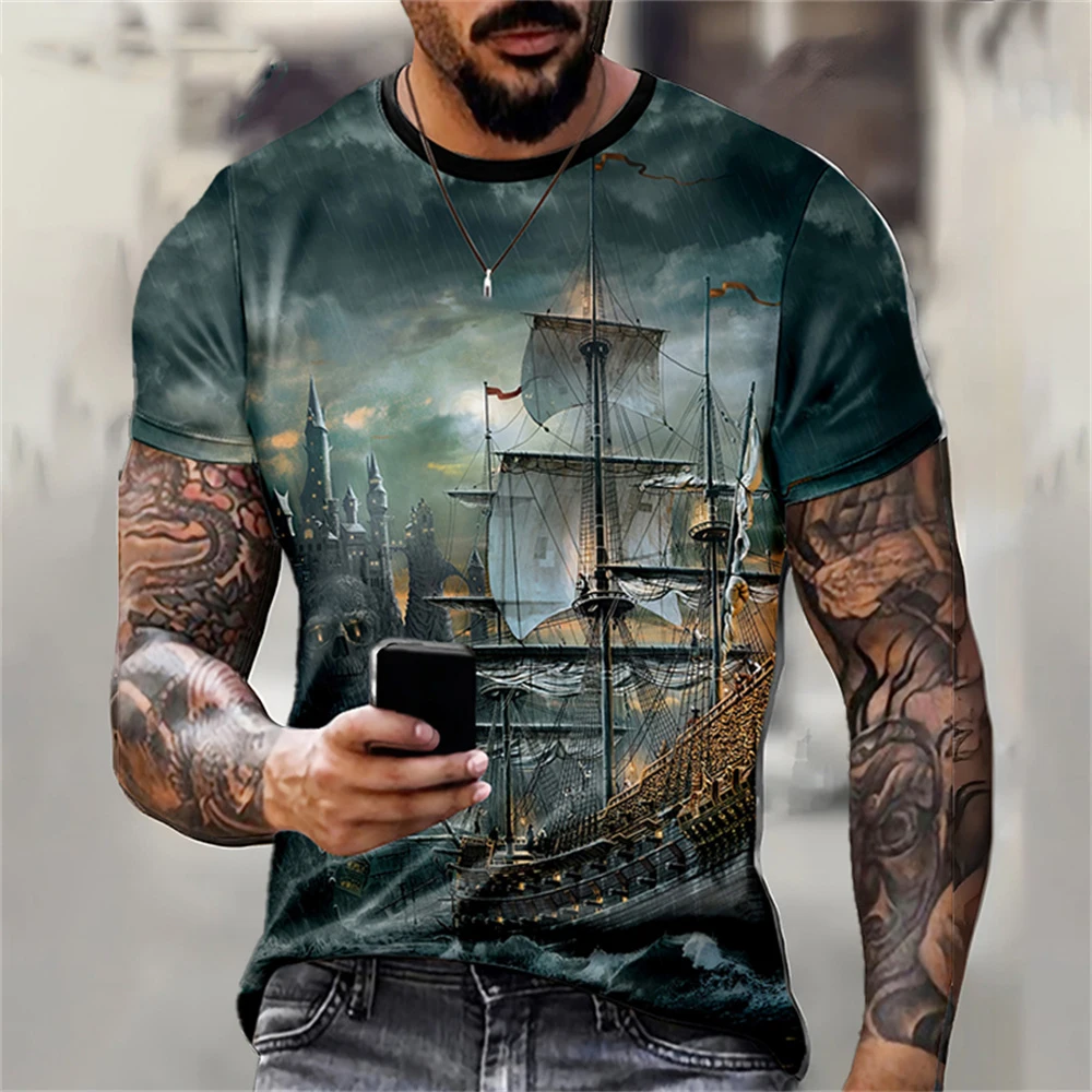 Mens Short Sleeve Pirate Ship 3D Print T Shirt