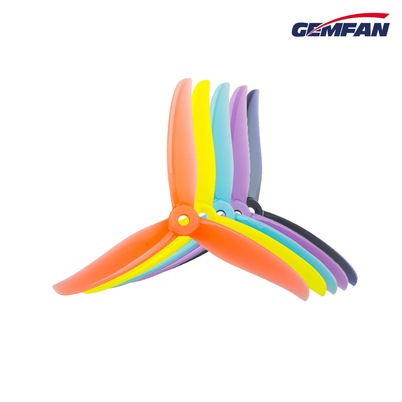 Gros plan sur les hélices Gemfan Hurricane 4937-3 3 pales, montrant leur design profilé et leur couleur vive.